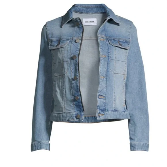 $448 Zadig & Voltaire Kioky Denim Skull Strass Jacket S Small Embellished Jean - Picture 3 of 14